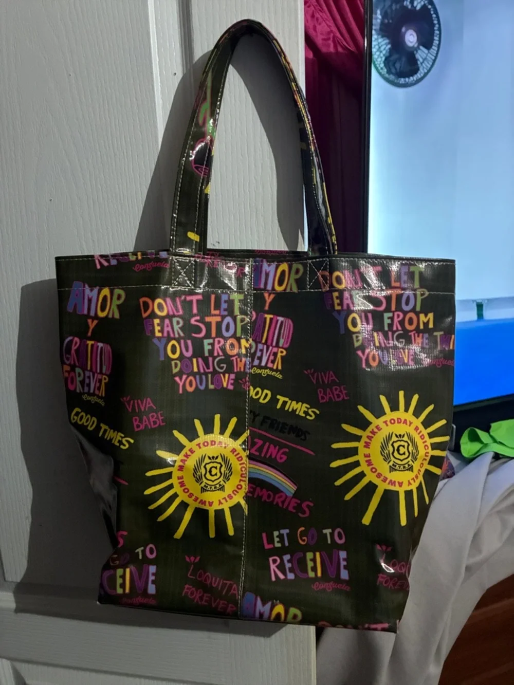 Consuela Black Tote with Bright Yellow Sun & Multicolor Graphics - Picture 2 of 4